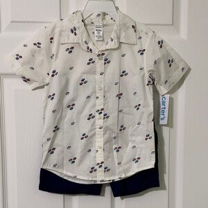 Carter's Cream Button Down Shirt and with Car Pattern and Shorts
